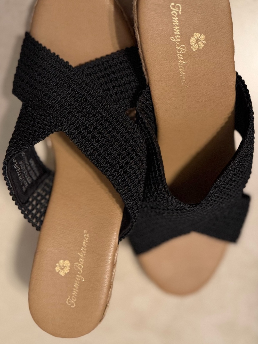 Tommy Bahama Black Knit Crisscross Wedge Slides